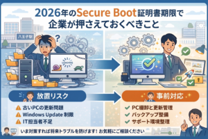 Secure Boot証明書期限によるWindowsトラブルのリスクと対策（放置と事前対応の比較イラスト）