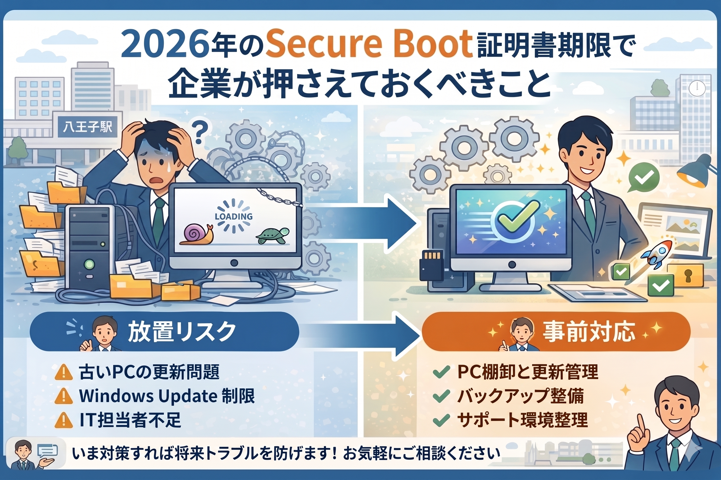 Secure Boot証明書期限によるWindowsトラブルのリスクと対策（放置と事前対応の比較イラスト）
