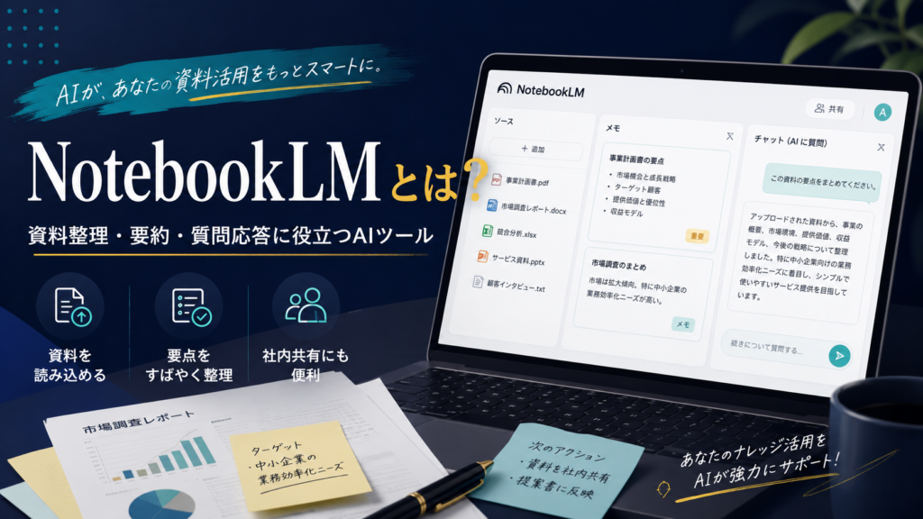 NotebookLMを活用して社内資料の要約、質問応答、情報整理を行う中小企業向けAIツールのイメージ