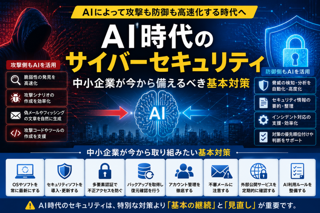 AIによってサイバー攻撃と防御が高速化する時代に、中小企業が基本的なセキュリティ対策を見直す重要性を表すイメージ