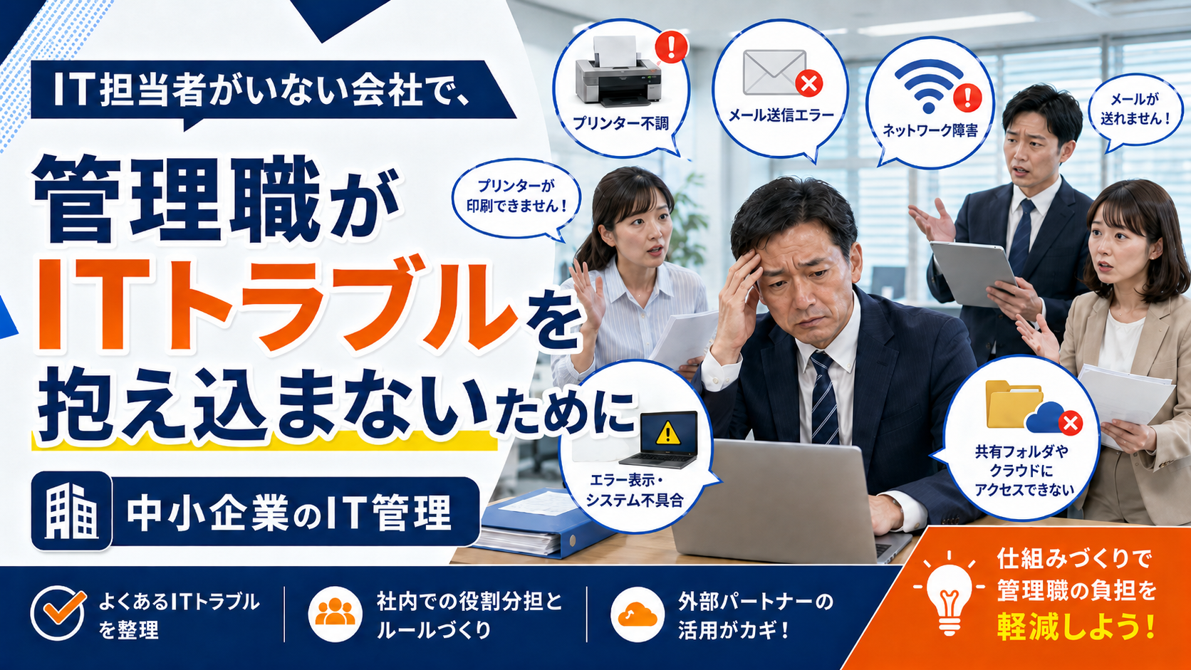 IT担当者がいない中小企業で、課長がパソコンやネットワーク、メール、プリンターなどのITトラブル相談を抱え込んでいる様子を表すビジネス写真風イメージ
