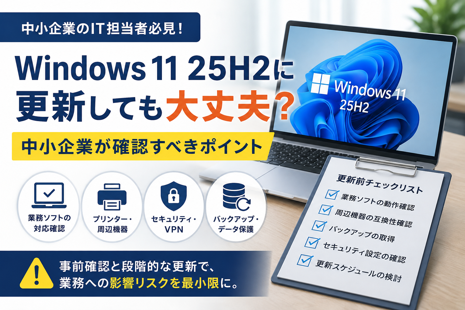 Windows 11 25H2への更新前に中小企業が確認すべき業務ソフト、プリンター、セキュリティ、バックアップのチェックポイントを表すイメージ