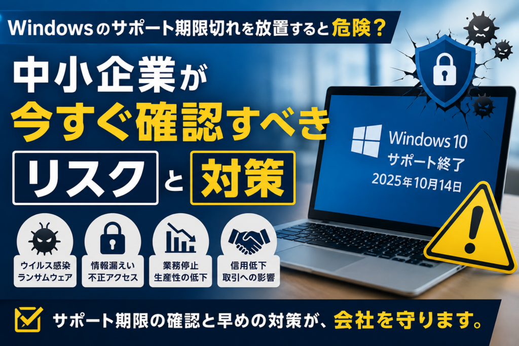 Windowsのサポート期限切れによるウイルス感染・情報漏えい・業務停止などのリスクを警告する中小企業向けセキュリティ対策イメージ