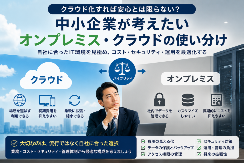 中小企業がクラウドとオンプレミスを比較し、自社に合ったIT環境を検討するイメージ