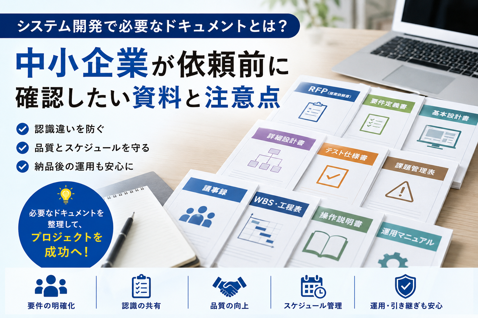 システム開発で必要なRFP、要件定義書、基本設計書、詳細設計書、テスト仕様書、議事録、WBS、操作説明書などのドキュメントを整理し、中小企業が依頼前に確認すべき資料と注意点を表したビジネス写真風イメージ