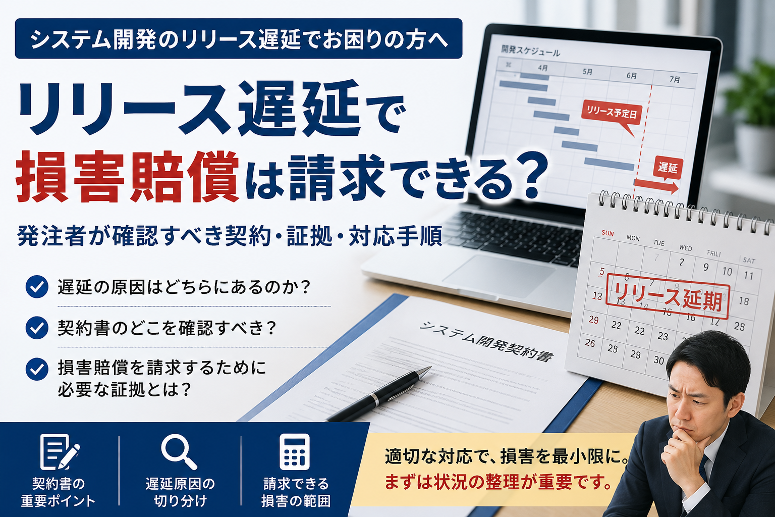 システム開発のリリース遅延により損害賠償請求を検討する発注者向けに、契約書・証拠・対応手順の確認ポイントを示したアイキャッチ画像