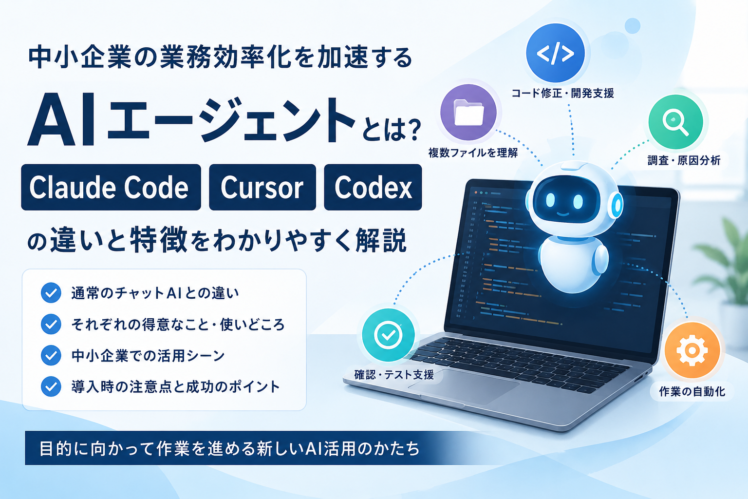Claude Code、Cursor、CodexなどのAIエージェントの違いと特徴を、中小企業の業務効率化や開発支援の観点で解説するアイキャッチ画像