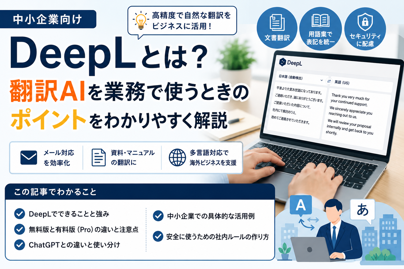 DeepLを使った業務翻訳の活用ポイントを示すアイキャッチ画像。文書翻訳、用語集、セキュリティ配慮、メール対応、資料翻訳、多言語対応など、中小企業が翻訳AIを業務で使う際のポイントを表している。