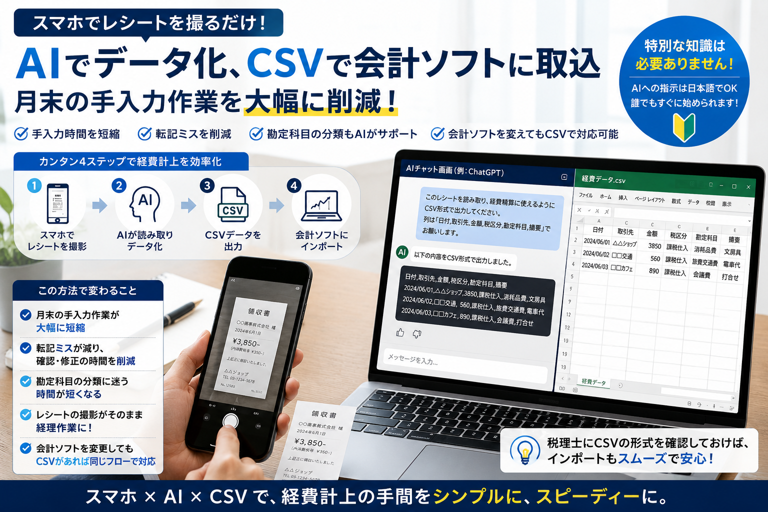 スマートフォンでレシートを撮影し、AIで経費データを読み取ってCSV化し、会計ソフトへ取り込む流れを説明した画像
