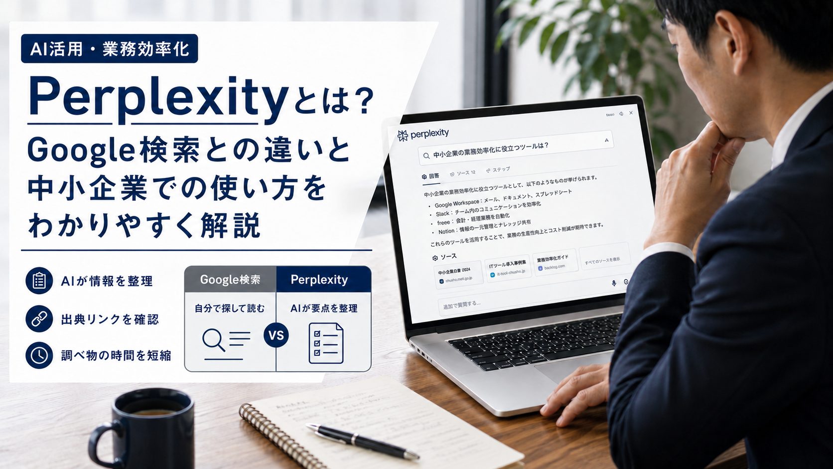 ノートパソコンでAI検索サービスを使い、Google検索との違いを確認している中小企業の業務担当者
