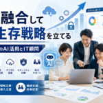 AIと融合して将来の生存戦略を立てるために、中小企業がAI活用、業務改善、資料整理、クラウド活用、セキュリティ対策を進めるイメージ