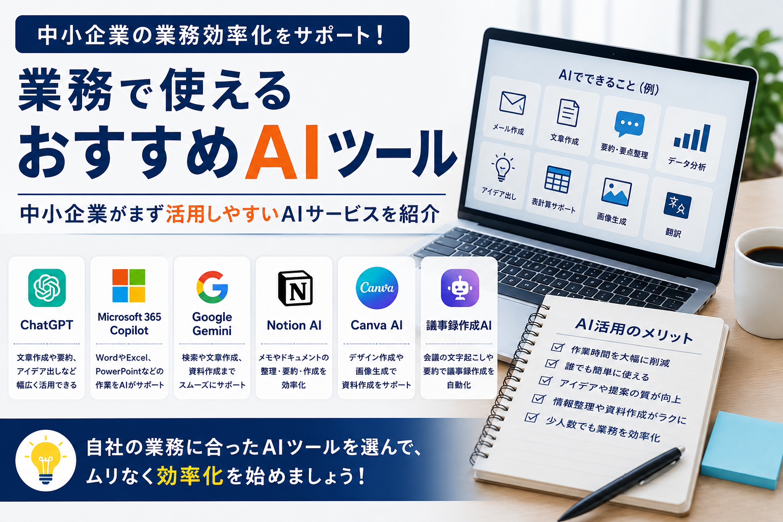 中小企業の業務効率化に役立つChatGPT、Microsoft 365 Copilot、Google Gemini、Notion AI、Canva AIなどのAIツールを紹介するイメージ