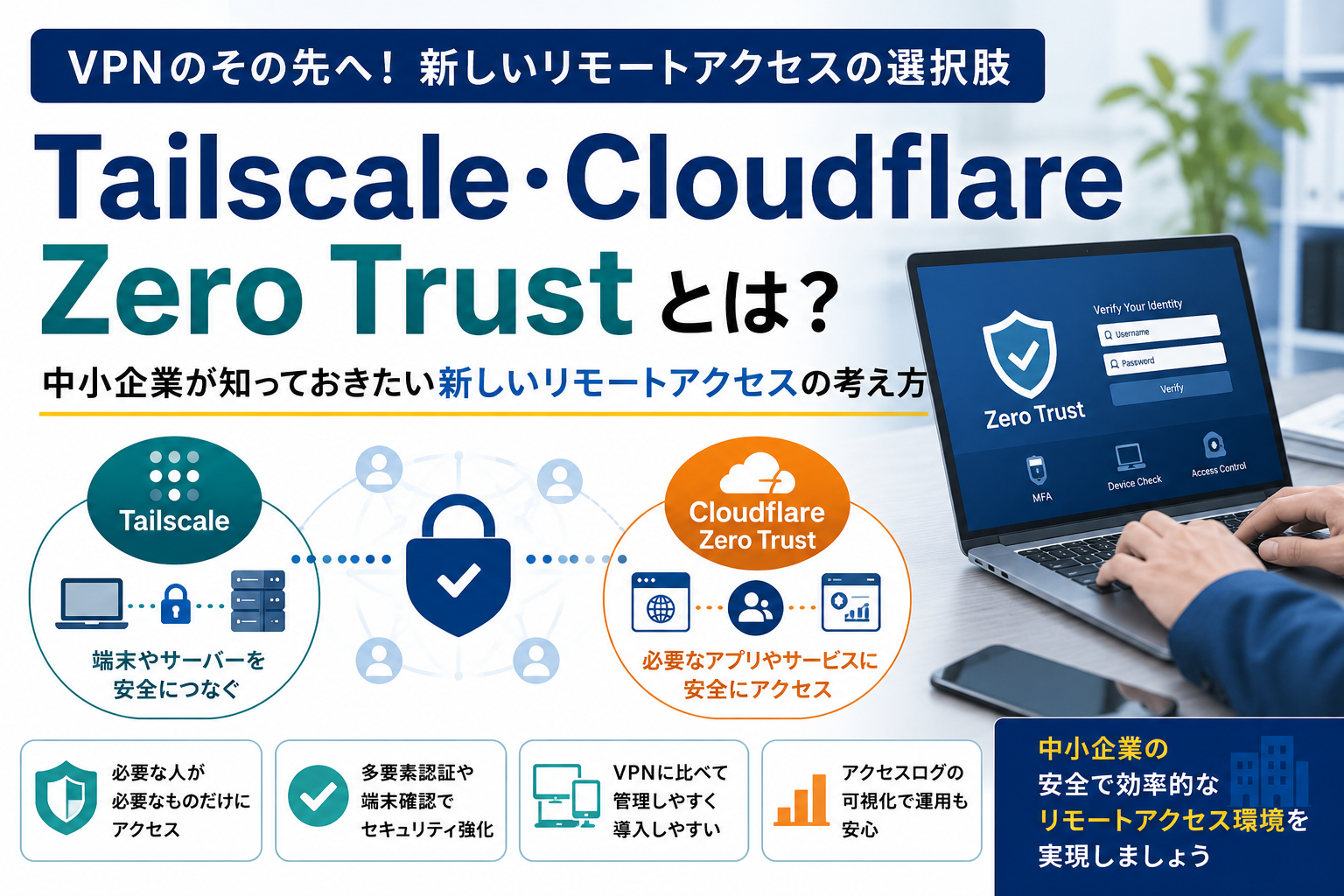 TailscaleやCloudflare Zero Trustなどのゼロトラスト型リモートアクセスについて、従来型VPNとの違いや中小企業での安全な活用方法を説明したビジネス向けアイキャッチ画像