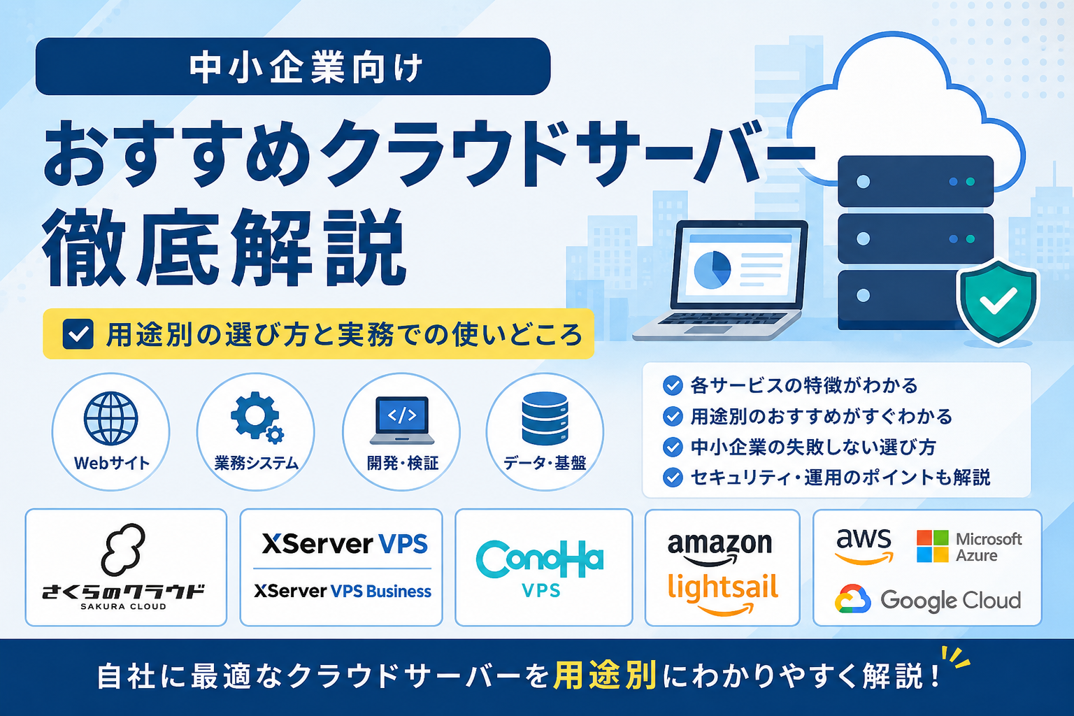 中小企業向けに、さくらのクラウド、XServer VPS、ConoHa VPS、Amazon Lightsail、AWS、Microsoft Azure、Google Cloudなどのクラウドサーバーを用途別に比較・解説したアイキャッチ画像