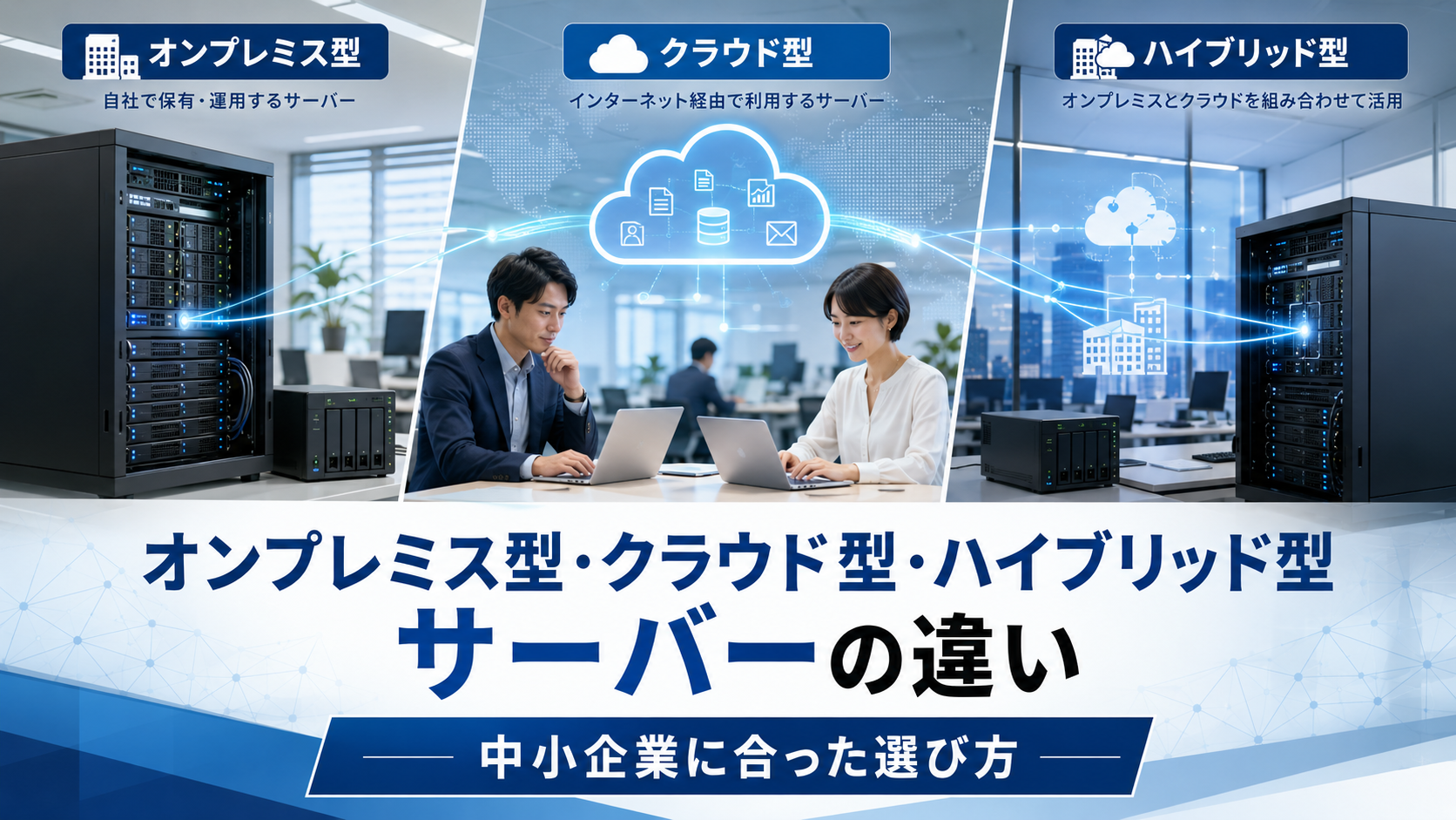 オンプレミス型、クラウド型、ハイブリッド型サーバーの違いを比較し、中小企業に合ったサーバー環境の選び方を説明したビジネス向けアイキャッチ画像