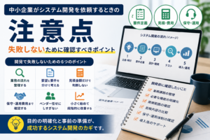 中小企業がシステム開発を依頼する前に確認すべき要件定義、見積、保守運用の注意点を表すイメージ