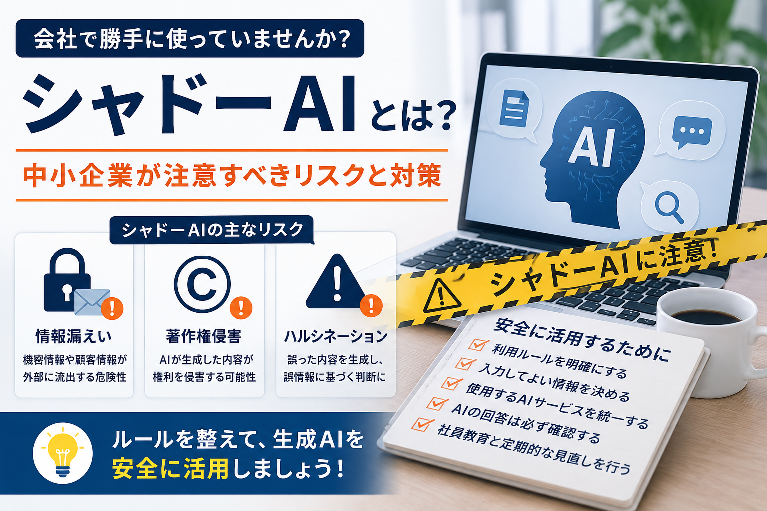 中小企業が注意すべきシャドーAIのリスクと安全な生成AI活用を解説するイメージ