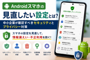 Androidスマホのセキュリティ設定、アプリ権限、位置情報、不要アプリ、Googleアカウントを見直すためのチェック項目を表すイメージ