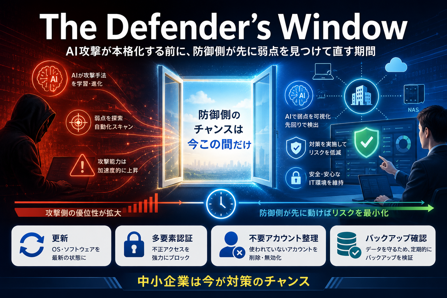 The Defender’s Windowの概念を示す図解。AI攻撃が本格化する前に、防御側が弱点を見つけて対策する重要性を表現したアイキャッチ画像