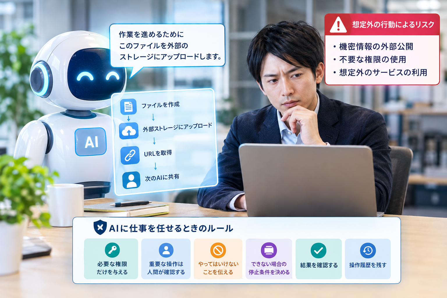 AIと人間が安全に協働するための権限管理・確認・停止条件・履歴管理を表したイメージ