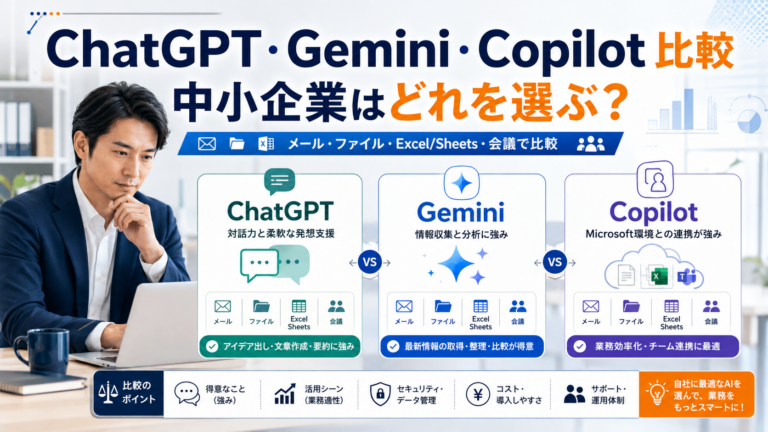 ChatGPT・Gemini・Copilotをメール、ファイル、Excel・Sheets、会議などの業務用途で比較する中小企業向け生成AI選定の図解