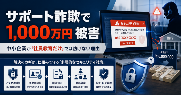 サポート詐欺による1,000万円の不正送金被害と、中小企業に必要なアクセス制御・多要素認証・承認フローなどの多層防御を示した図解