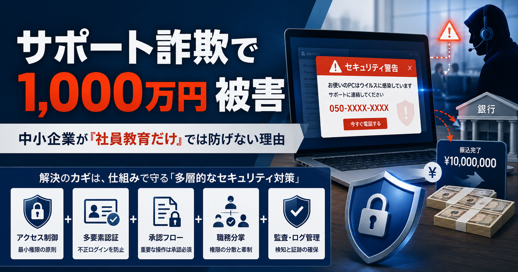 サポート詐欺による1,000万円の不正送金被害と、中小企業に必要なアクセス制御・多要素認証・承認フローなどの多層防御を示した図解