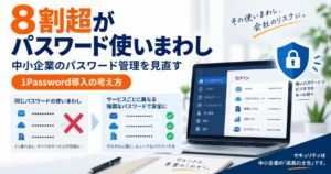 パスワード使い回しのリスクと1Passwordによる中小企業のパスワード管理を解説した図解