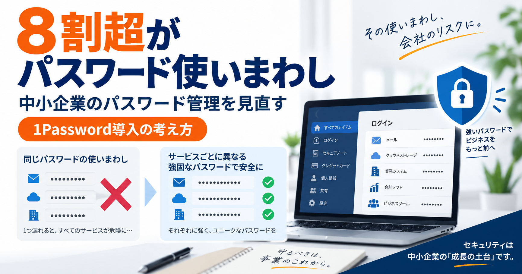 パスワード使い回しのリスクと1Passwordによる中小企業のパスワード管理を解説した図解