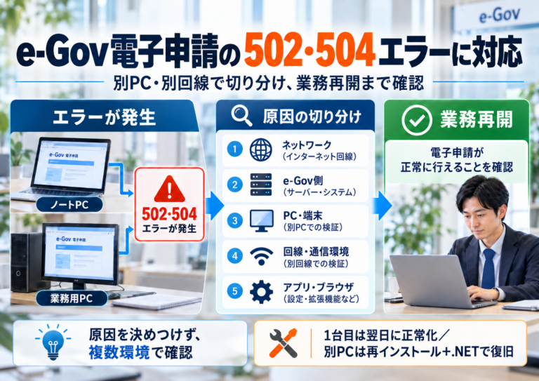 e-Gov電子申請で502・504エラーが発生し、別PC・別回線で原因を切り分けて業務再開まで対応した事例