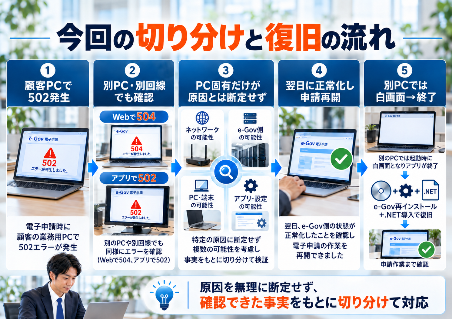 e-Gov電子申請の502・504エラーについて別PC・別回線で切り分け、業務再開まで確認した流れ