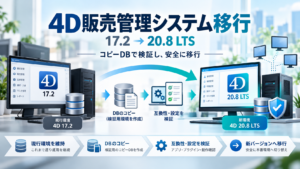 4D販売管理システムを17.2から20.8 LTSへ移行し、コピーDBで互換性や設定を検証するイメージ