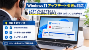 Windows 11アップデートで「システムで予約済みのパーティションを更新できませんでした」と表示されたエラー対応事例