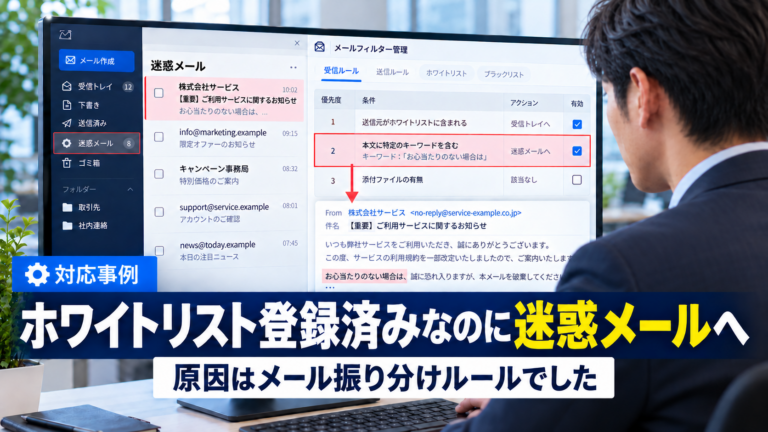 スーツ姿の男性が、ホワイトリスト登録済みメールと本文キーワードによる迷惑メール振り分けルールを確認しているイメージ