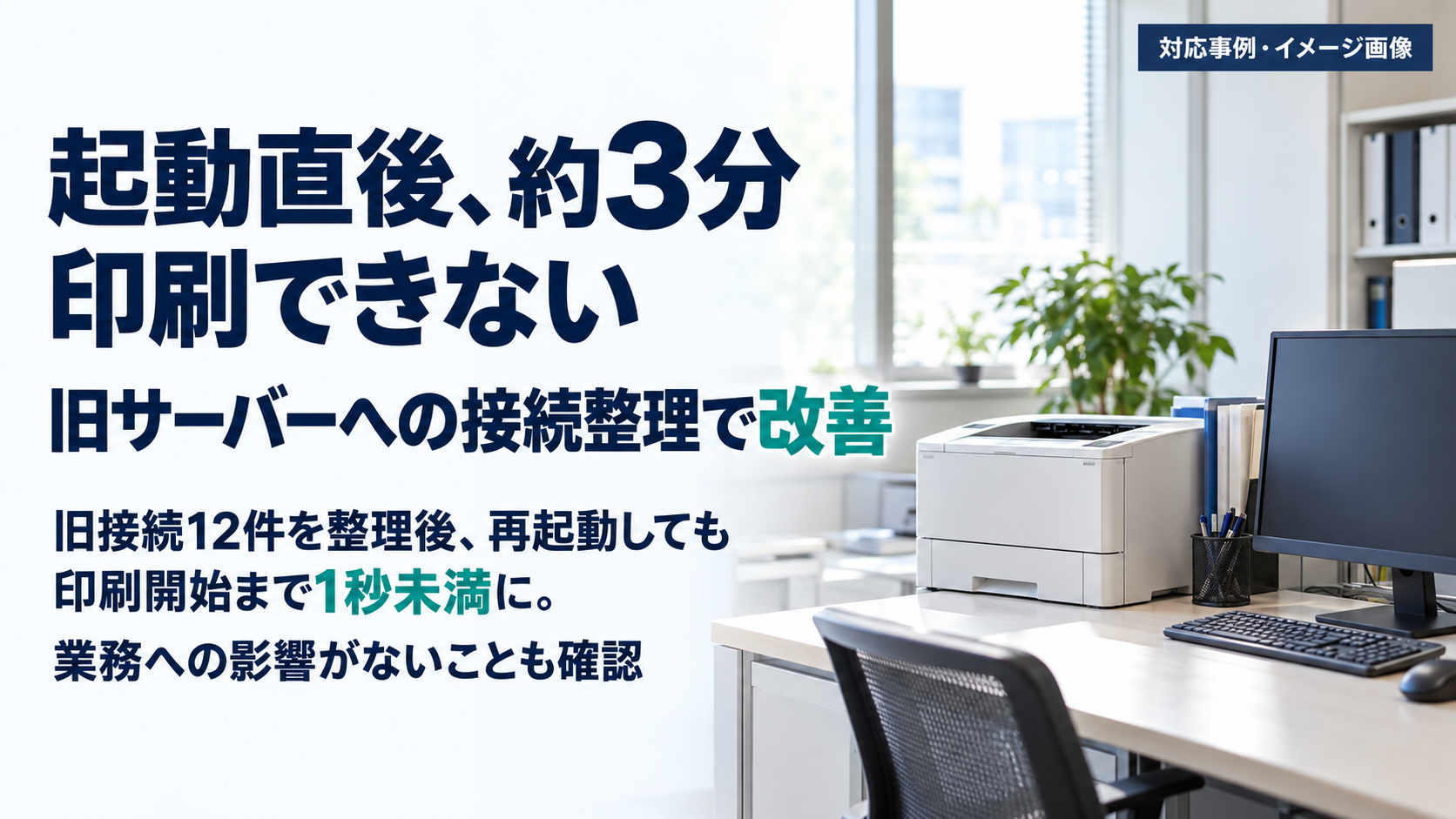 PCとプリンターを背景に、起動直後の約3分の印刷待ちが旧接続12件の整理後に改善したことを伝えるイメージ画像
